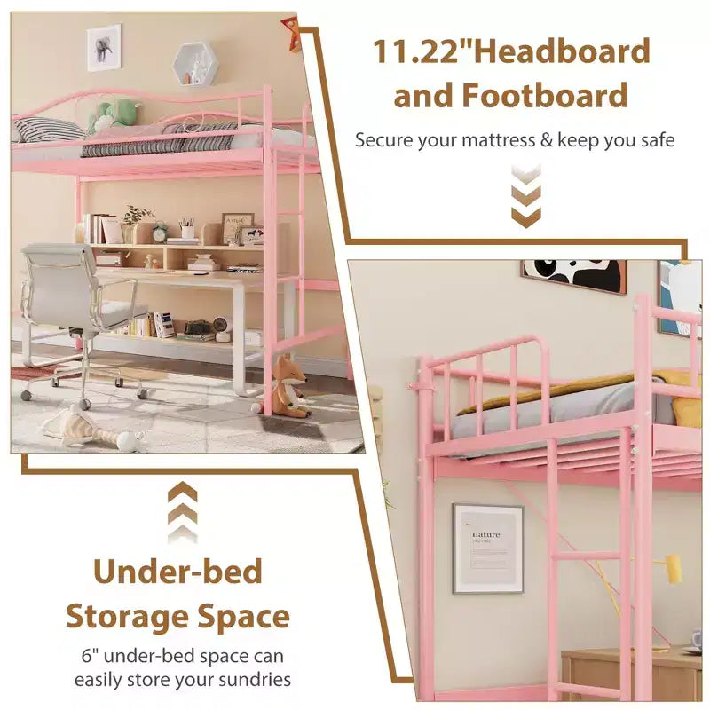 Lit mezzanine double robuste, cadre en métal de 181 kg avec échelle et barrière de sécurité, design peu encombrant, sommier tapissier non requis, silencieux, montage facile