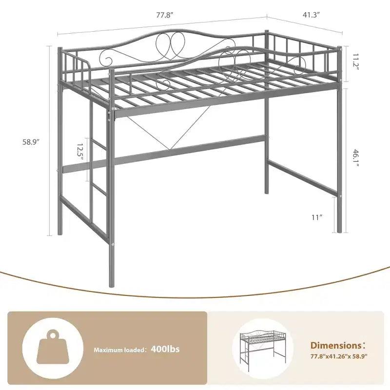 Lit mezzanine double robuste, cadre en métal de 181 kg avec échelle et barrière de sécurité, design peu encombrant, sommier tapissier non requis, silencieux, montage facile