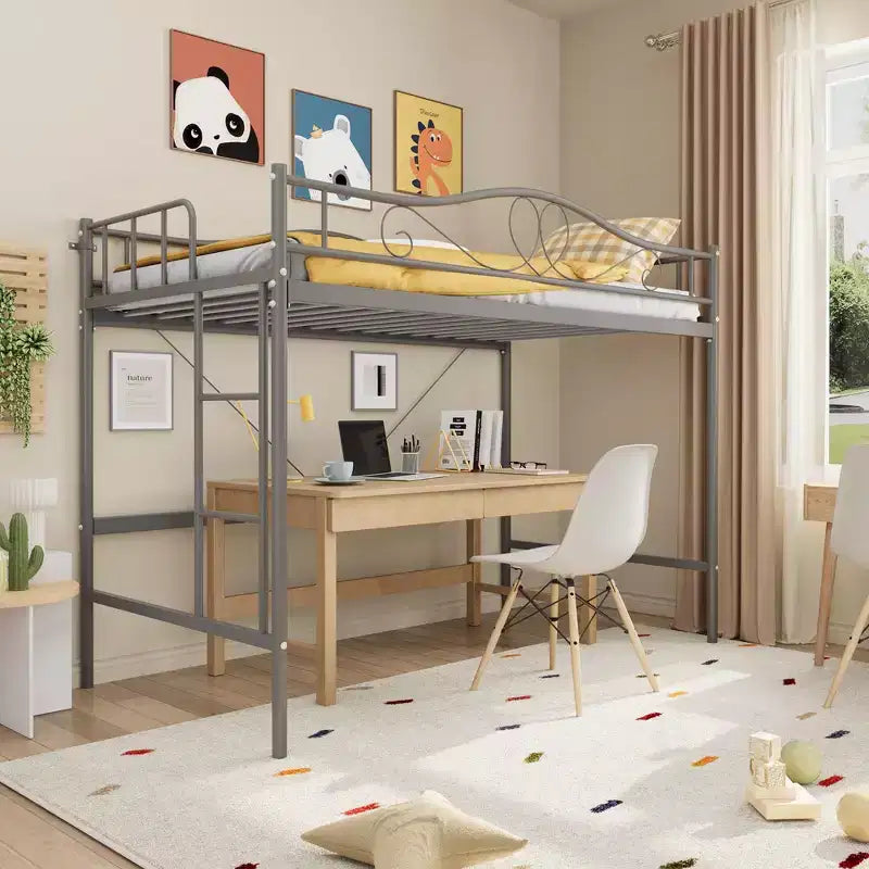 Lit mezzanine double robuste, cadre en métal de 181 kg avec échelle et barrière de sécurité, design peu encombrant, sommier tapissier non requis, silencieux, montage facile