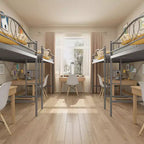 Lit mezzanine double robuste, cadre en métal de 181 kg avec échelle et barrière de sécurité, design peu encombrant, sommier tapissier non requis, silencieux, montage facile