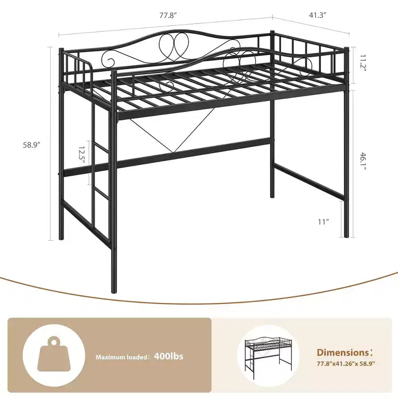 Lit mezzanine double robuste, cadre en métal de 181 kg avec échelle et barrière de sécurité, design peu encombrant, sommier tapissier non requis, silencieux, montage facile