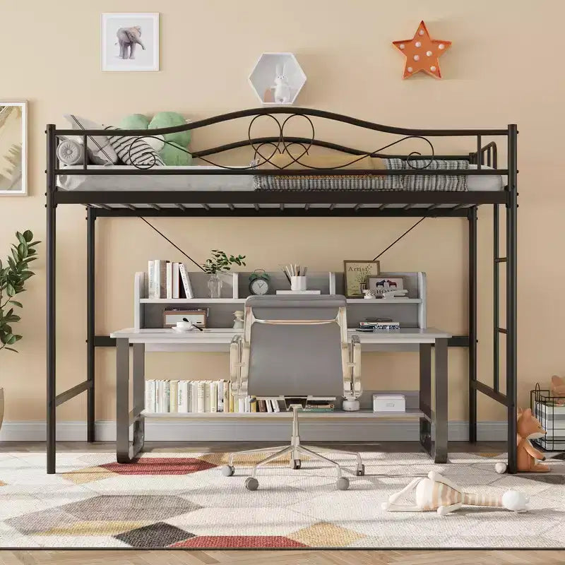 Lit mezzanine double robuste, cadre en métal de 181 kg avec échelle et barrière de sécurité, design peu encombrant, sommier tapissier non requis, silencieux, montage facile