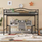 Lit mezzanine double robuste, cadre en métal de 181 kg avec échelle et barrière de sécurité, design peu encombrant, sommier tapissier non requis, silencieux, montage facile