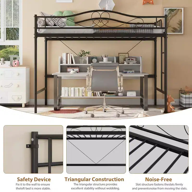 Lit mezzanine double robuste, cadre en métal de 181 kg avec échelle et barrière de sécurité, design peu encombrant, sommier tapissier non requis, silencieux, montage facile