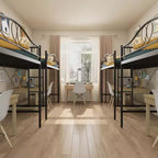 Lit mezzanine double robuste, cadre en métal de 181 kg avec échelle et barrière de sécurité, design peu encombrant, sommier tapissier non requis, silencieux, montage facile
