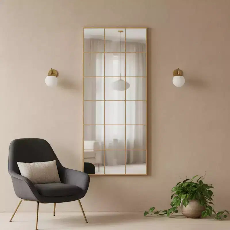 Miroir sur pied à cadre géométrique HomeRoots 69 en fer doré