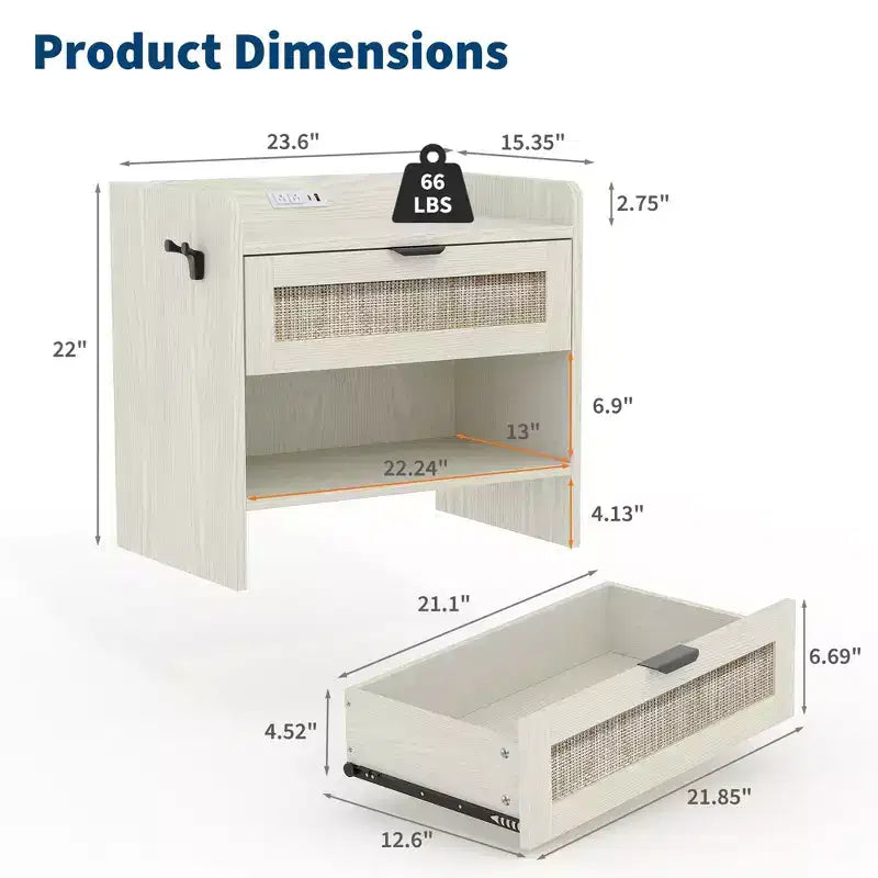 Table de chevet en rotin, 1 tiroir de rangement et espace de rangement ouvert, table d'appoint bohème pour chambre, salon, bureau, grande table de chevet