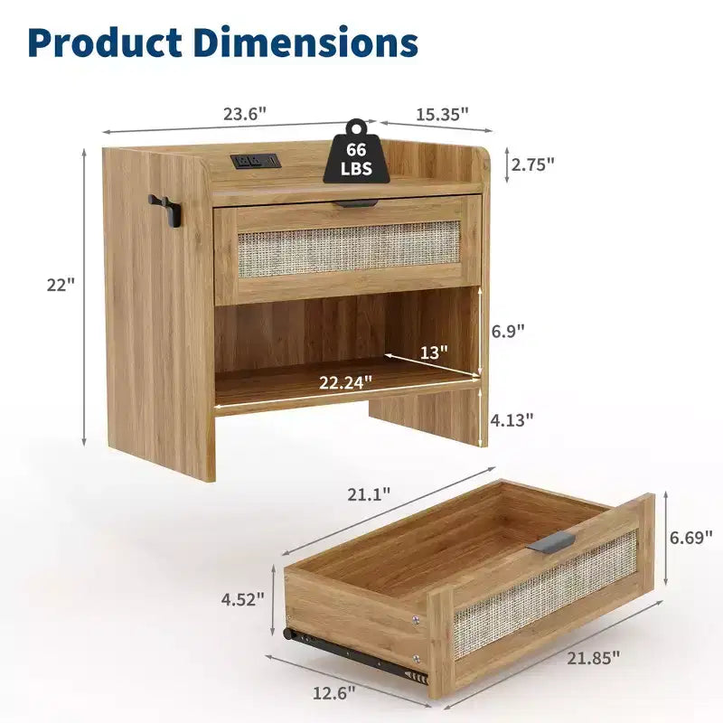 Table de chevet en rotin, 1 tiroir de rangement et espace de rangement ouvert, table d'appoint bohème pour chambre, salon, bureau, grande table de chevet
