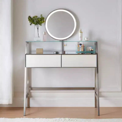 33.9 Coiffeuse avec Miroir Éclairé, Table de Maquillage avec Tiroirs, Étagère de Rangement Transparente et Station de Charge, Table de Maquillage