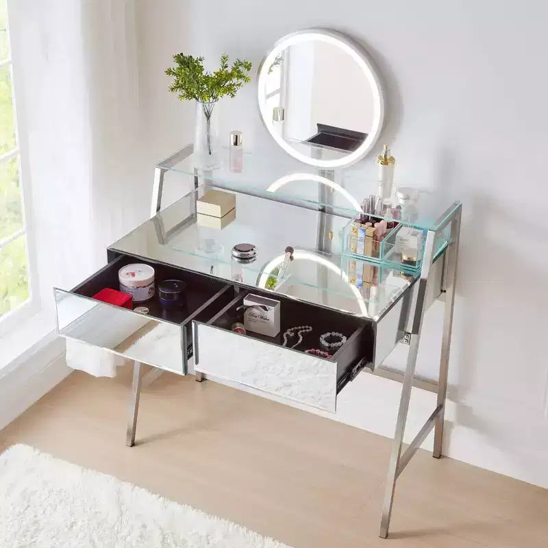 33.9 Coiffeuse avec Miroir Éclairé, Table de Maquillage avec Tiroirs, Étagère de Rangement Transparente et Station de Charge, Table de Maquillage