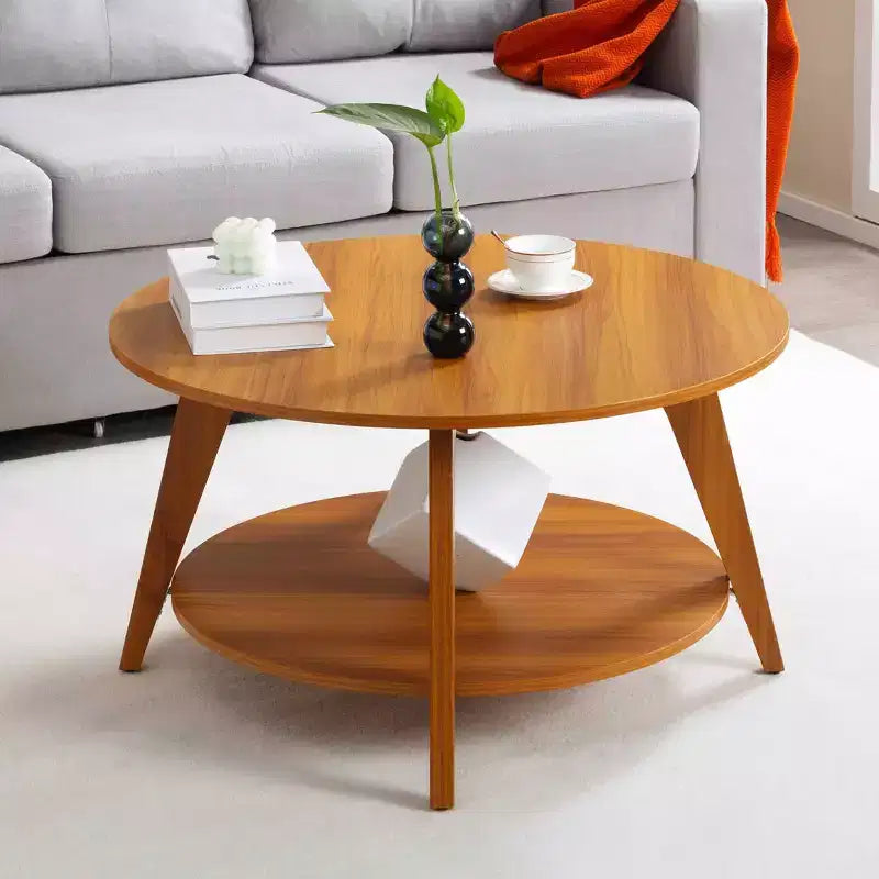 MAYEERTY Table d'appoint ronde 31,5 avec 2 niveaux de rangement Motif noyer MDF Robuste