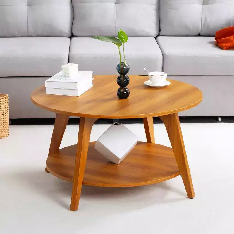 MAYEERTY Table d'appoint ronde 31,5 avec 2 niveaux de rangement Motif noyer MDF Robuste