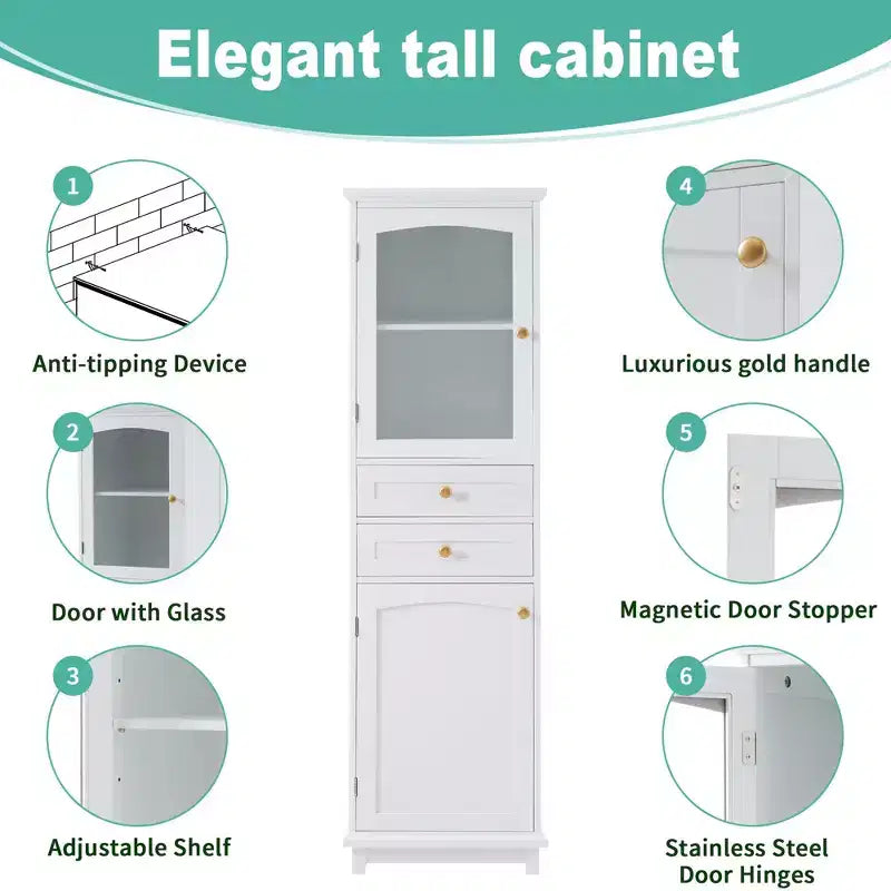 Meuble de Rangement de Salle de Bain Haut Okak de 160 cm avec Portes en Verre, Meuble de Rangement Autonome et Fin avec 2 Tiroirs et Étagère Réglable