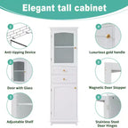 Meuble de Rangement de Salle de Bain Haut Okak de 160 cm avec Portes en Verre, Meuble de Rangement Autonome et Fin avec 2 Tiroirs et Étagère Réglable