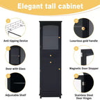 Meuble de Rangement de Salle de Bain Haut Okak de 160 cm avec Portes en Verre, Meuble de Rangement Autonome et Fin avec 2 Tiroirs et Étagère Réglable