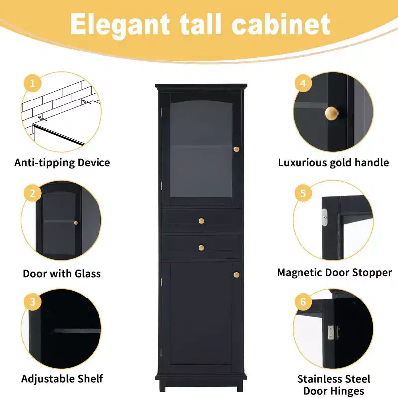 Meuble de Rangement de Salle de Bain Haut Okak de 160 cm avec Portes en Verre, Meuble de Rangement Autonome et Fin avec 2 Tiroirs et Étagère Réglable