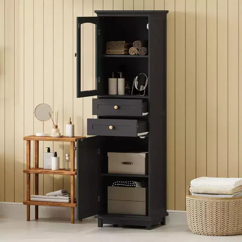 Meuble de Rangement de Salle de Bain Haut Okak de 160 cm avec Portes en Verre, Meuble de Rangement Autonome et Fin avec 2 Tiroirs et Étagère Réglable