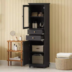 Meuble de Rangement de Salle de Bain Haut Okak de 160 cm avec Portes en Verre, Meuble de Rangement Autonome et Fin avec 2 Tiroirs et Étagère Réglable