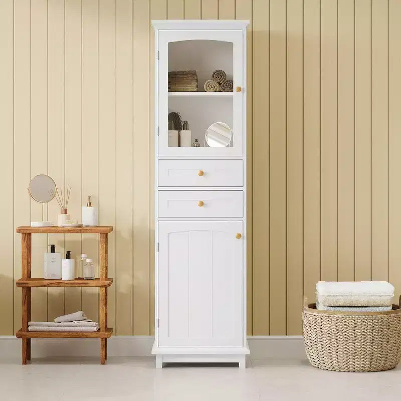 Meuble de Rangement de Salle de Bain Haut Okak de 160 cm avec Portes en Verre, Meuble de Rangement Autonome et Fin avec 2 Tiroirs et Étagère Réglable
