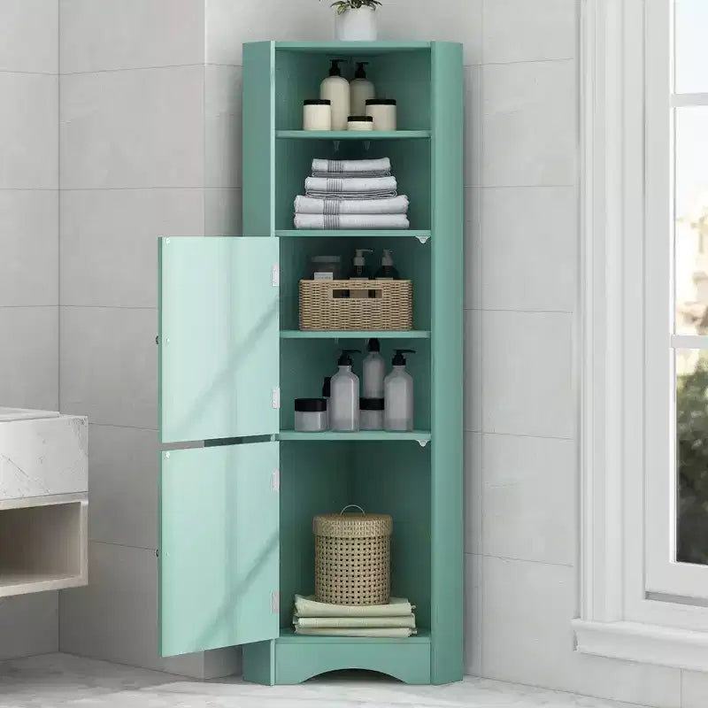 Meuble de rangement d'angle autoportant Okak 61 pouces, meuble de rangement de salle de bain haut avec étagères ouvertes et portes