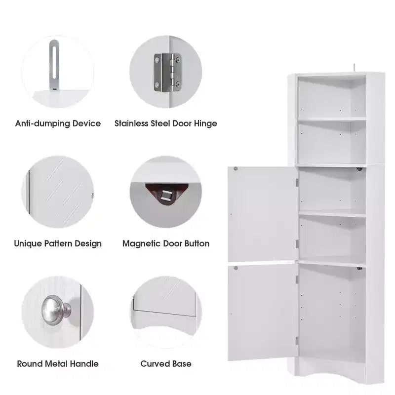 Meuble de rangement d'angle autoportant Okak 61 pouces, meuble de rangement de salle de bain haut avec étagères ouvertes et portes