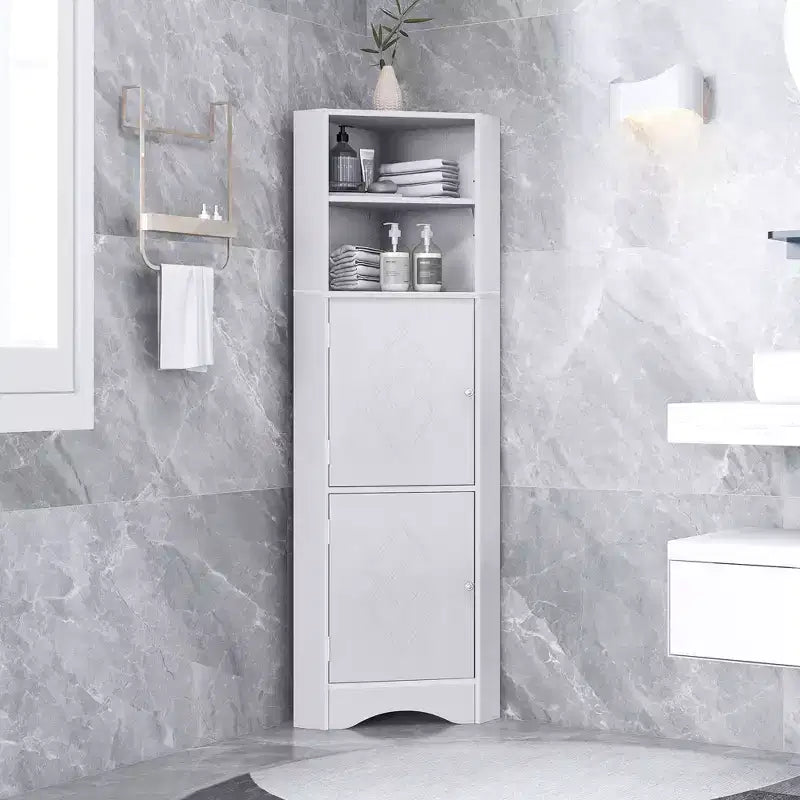 Meuble de rangement d'angle autoportant Okak 61 pouces, meuble de rangement de salle de bain haut avec étagères ouvertes et portes