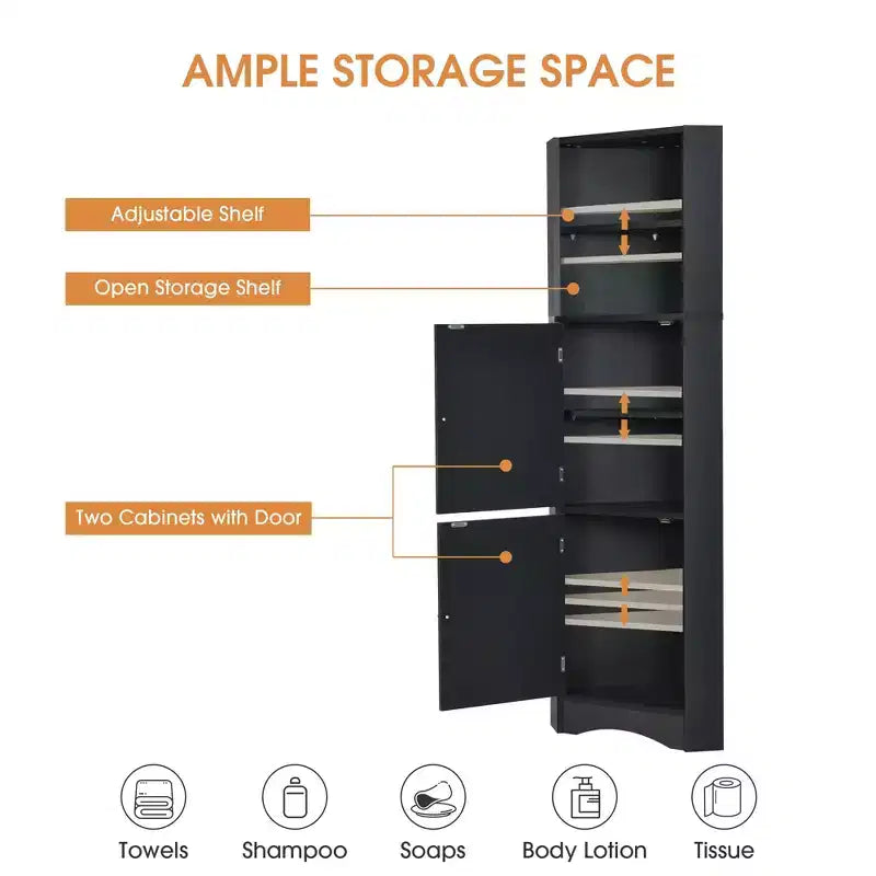 Meuble de rangement d'angle autoportant Okak 61 pouces, meuble de rangement de salle de bain haut avec étagères ouvertes et portes