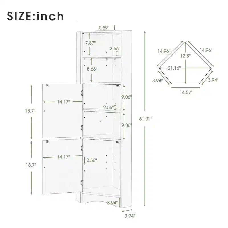 Meuble de rangement d'angle autoportant Okak 61 pouces, meuble de rangement de salle de bain haut avec étagères ouvertes et portes