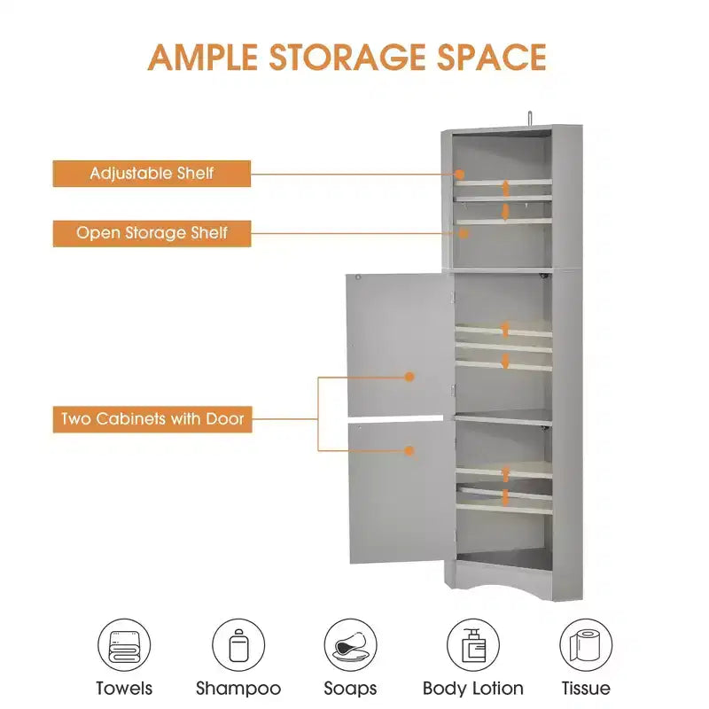 Meuble de rangement d'angle autoportant Okak 61 pouces, meuble de rangement de salle de bain haut avec étagères ouvertes et portes