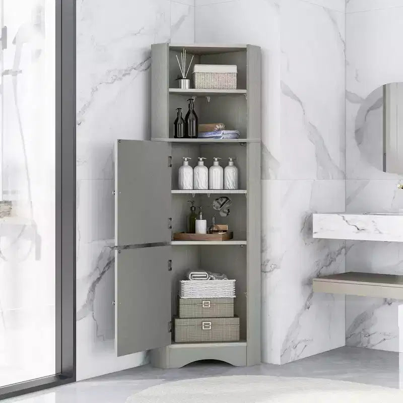 Meuble de rangement d'angle autoportant Okak 61 pouces, meuble de rangement de salle de bain haut avec étagères ouvertes et portes
