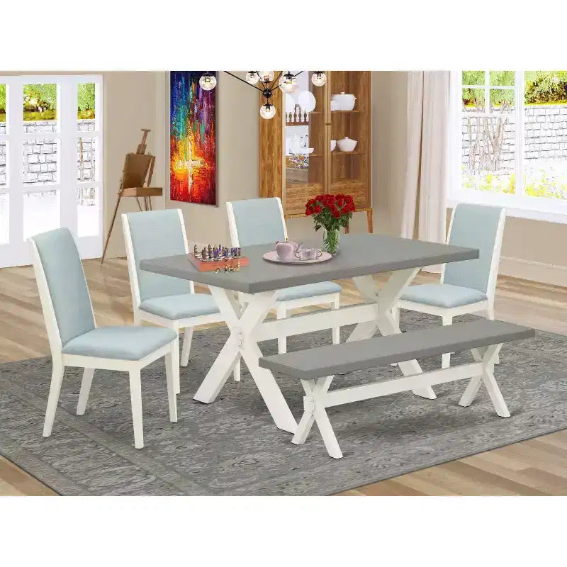 HomeStock Table à manger en bois massif finition chêne naturel 6 pièces avec 1 banc et 4 chaises