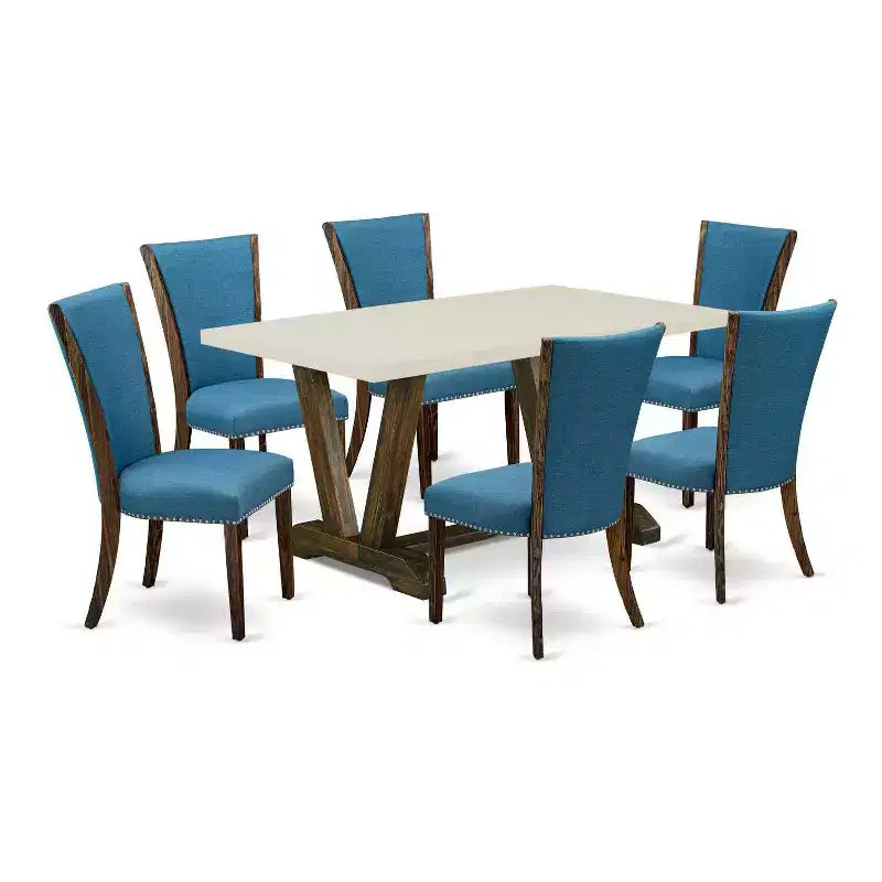 HomeStock 7-Piece Distressed Jacobean Finish Solid Wood Top Dining Table with 6 Parson-Chairs
