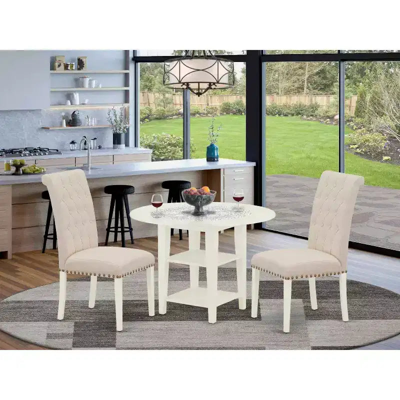 Ensemble de salle à manger 3 pièces HomeStock, table ronde à plateau en bois massif avec rabats, finition lin blanc