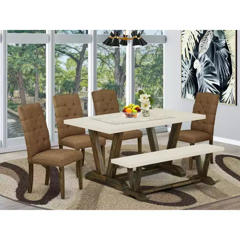 HomeStock Table à manger 6 pièces rectangulaire en bois massif finition jacobine vieillie avec 1 banc et 4 chaises