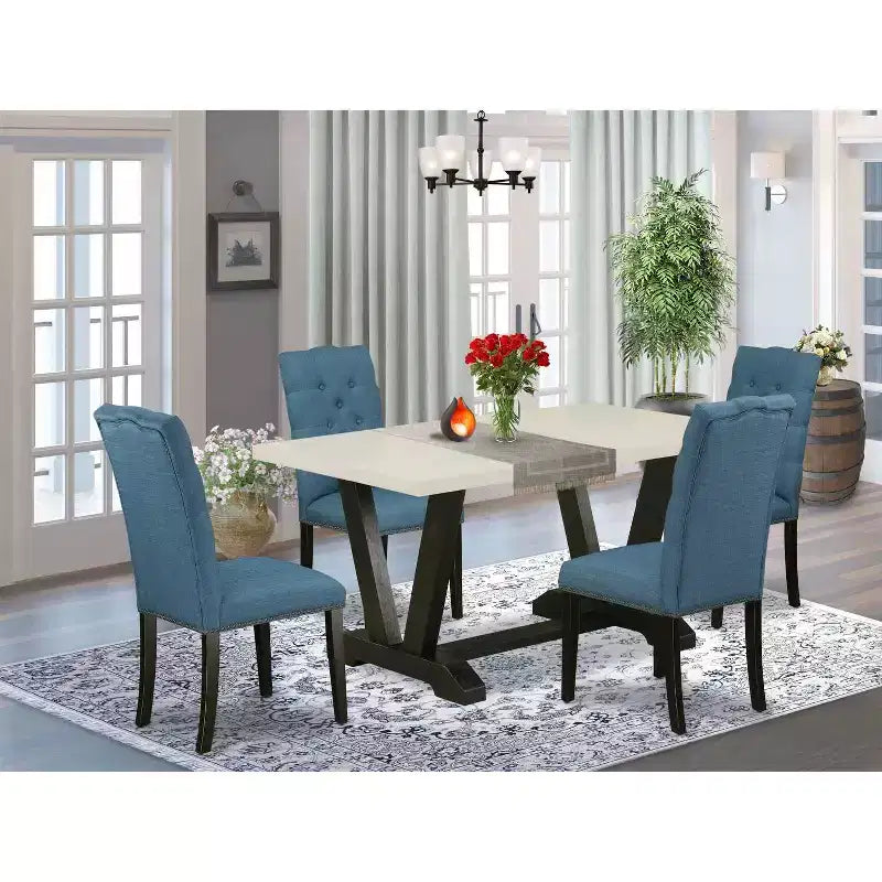 Table à manger 5 pièces rectangulaire avec plateau en bois massif finition chêne naturel et 4 chaises avec