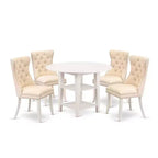 5-Piece Linen White Finish Solid Wood Top - Round Dining Room Set - Seats 4