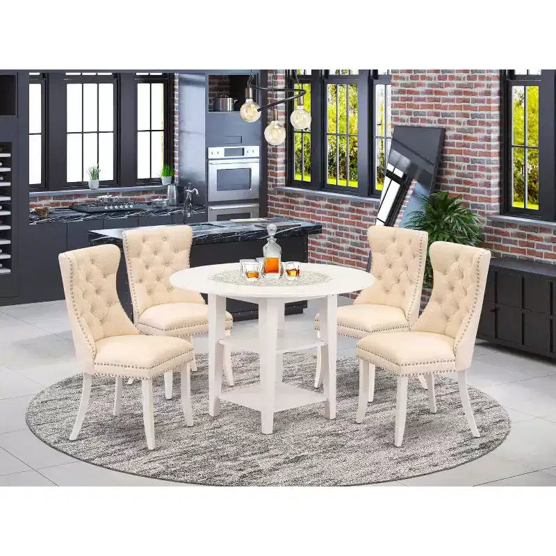 Ensemble de salle à manger rond 5 pièces en bois massif finition blanc lin – Pour 4 personnes