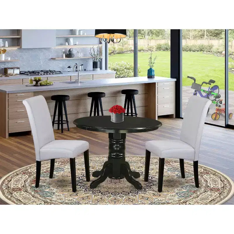 Petit ensemble de salle à manger rond - Table et chaises 3 pièces - Tissu gris-bleu lin - Design baroque moderne