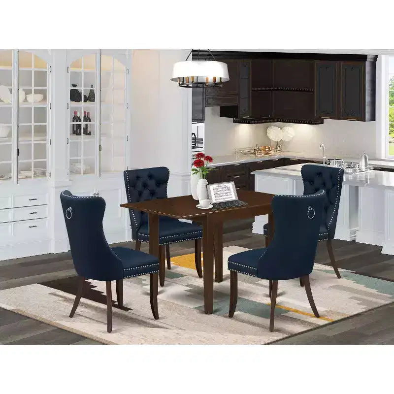 Ensemble de salle à manger rectangulaire 5 pièces en bois massif finition acajou, avec dessus de table et chaises rembourrées – 4 places