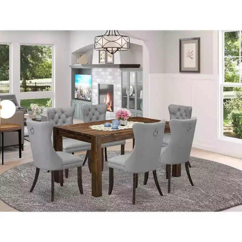Table de salle à manger HomeStock 7 pièces rectangulaire en bois massif finition jacobine vieillie avec 6 chaises