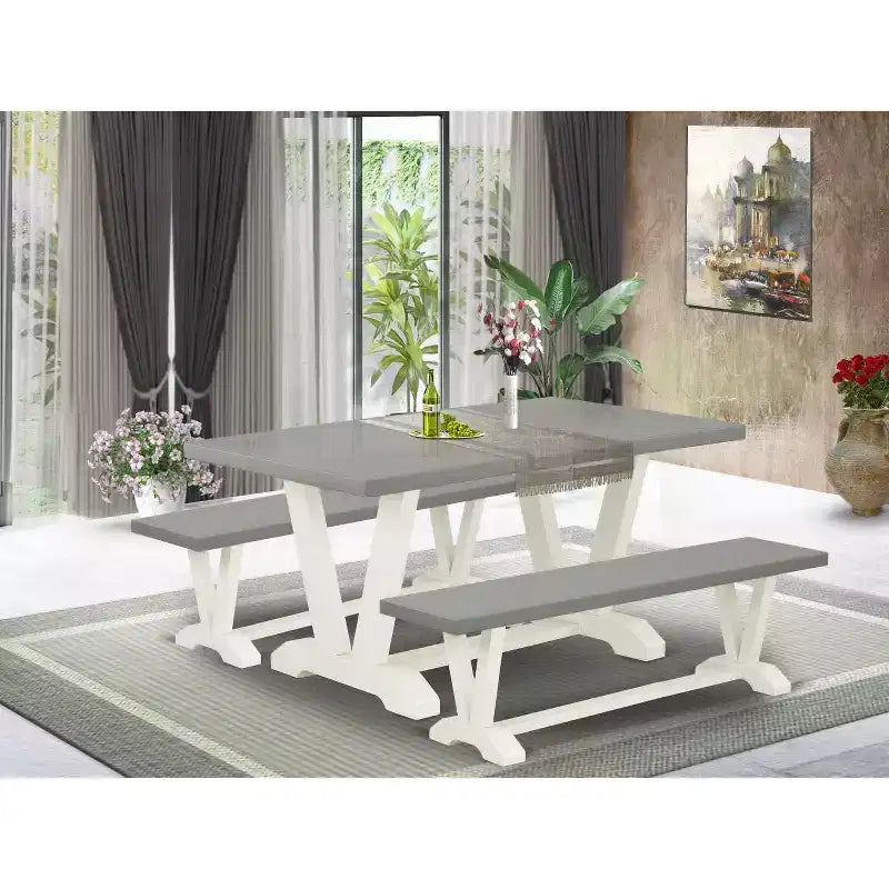 Table à manger HomeStock 3 pièces, plateau rectangulaire en bois massif finition chêne naturel avec 2 bancs