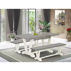 Table à manger HomeStock 3 pièces, plateau rectangulaire en bois massif finition chêne naturel avec 2 bancs