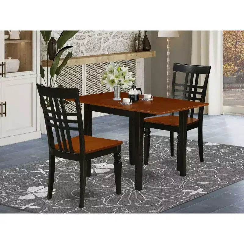 Ensemble de salle à manger 3 pièces avec plateau en bois massif finition noire et cerisier
