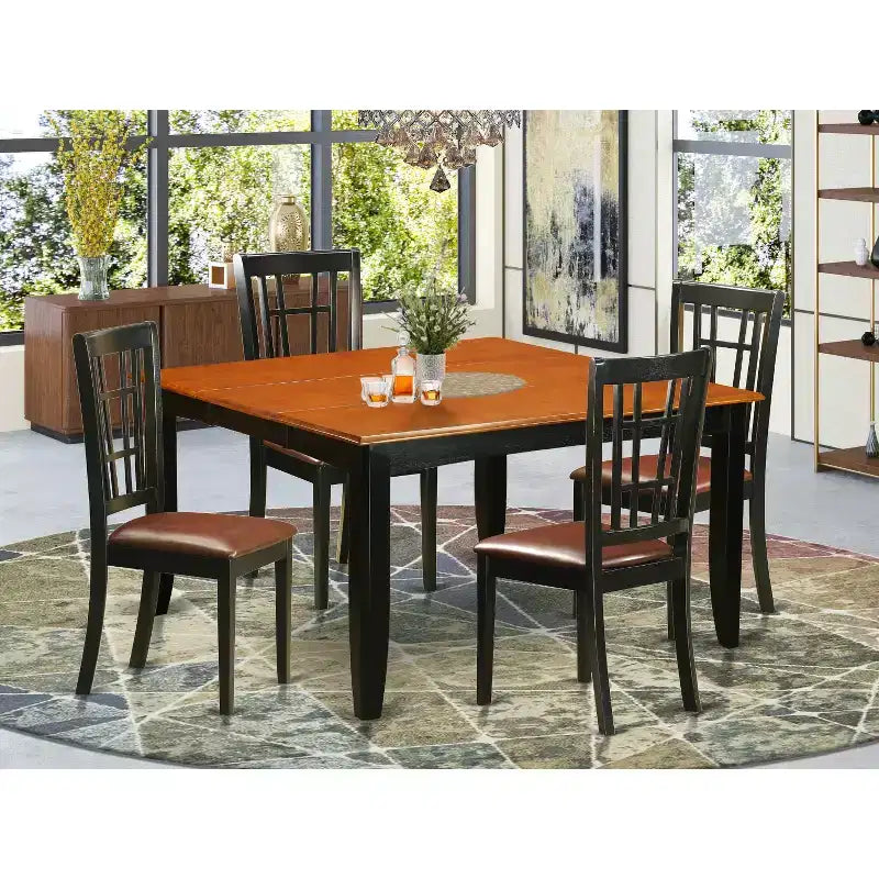 Table de salle à manger HomeStock 5 pièces à plateau carré en bois massif avec finition noire et cerisier, et 4 chaises