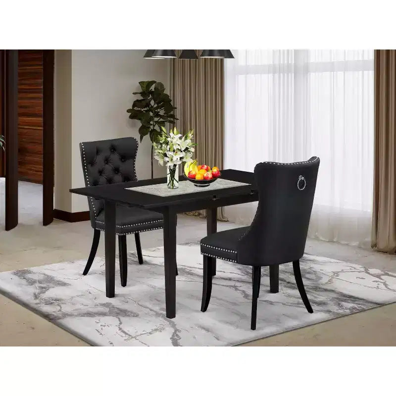 Ensemble de salle à manger 3 pièces avec table rectangulaire à plateau en bois massif finition noire