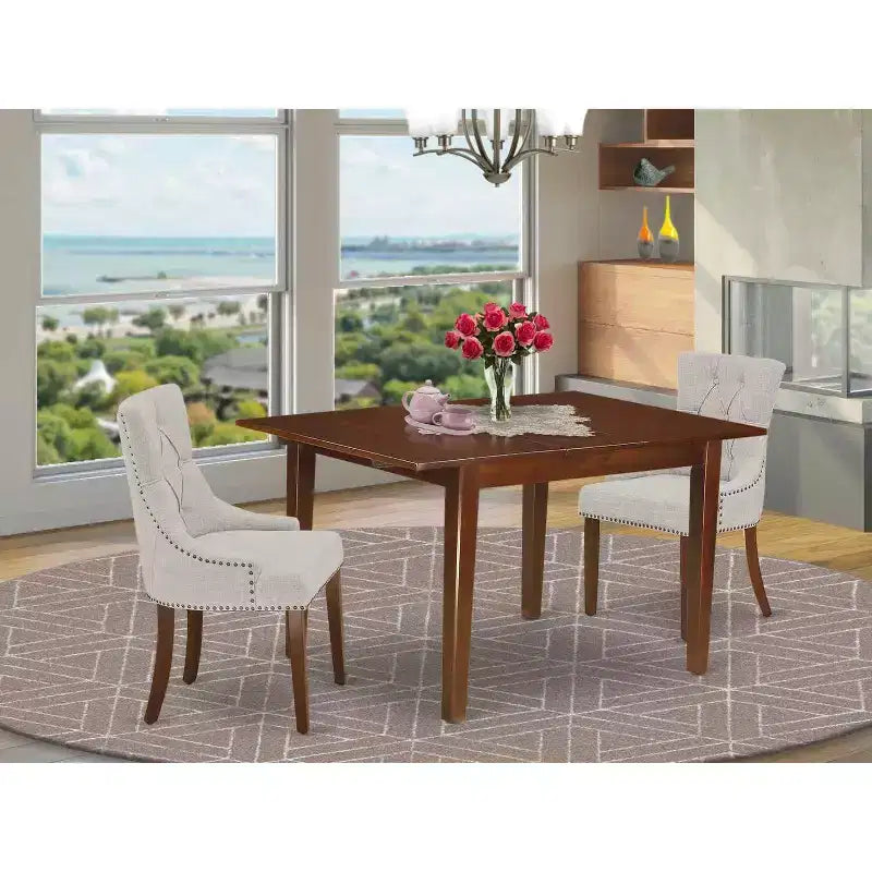 Ensemble de salle à manger 3 pièces HomeStock avec plateau rectangulaire en bois massif finition acajou et rallonge papillon