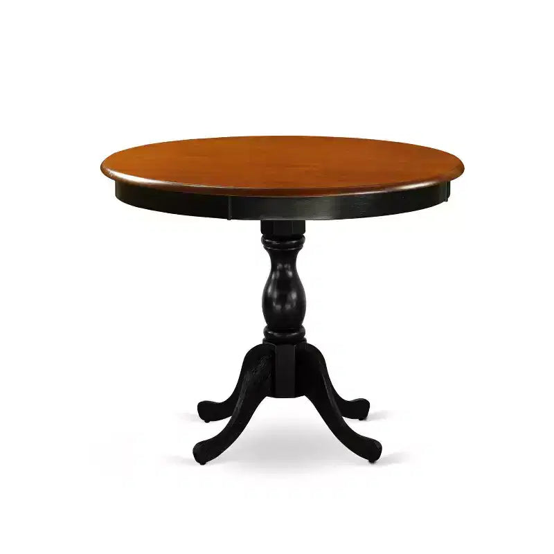 Table à manger HomeStock 5 pièces ronde noire et finition cerisier en bois massif avec 4 chaises