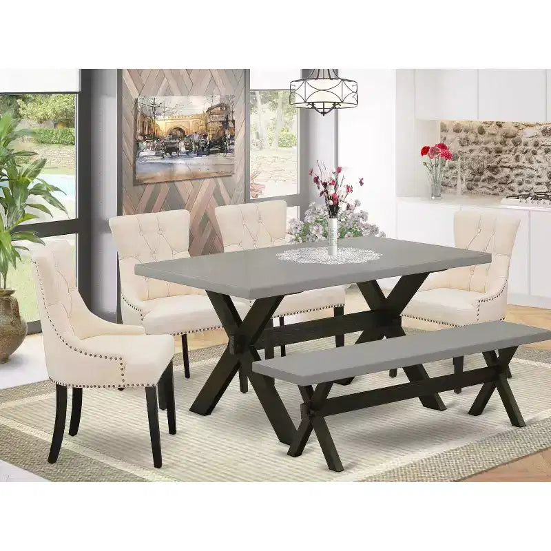 HomeStock – Table à manger 6 pièces avec plateau en bois massif finition chêne naturel, 1 banc et 4 chaises