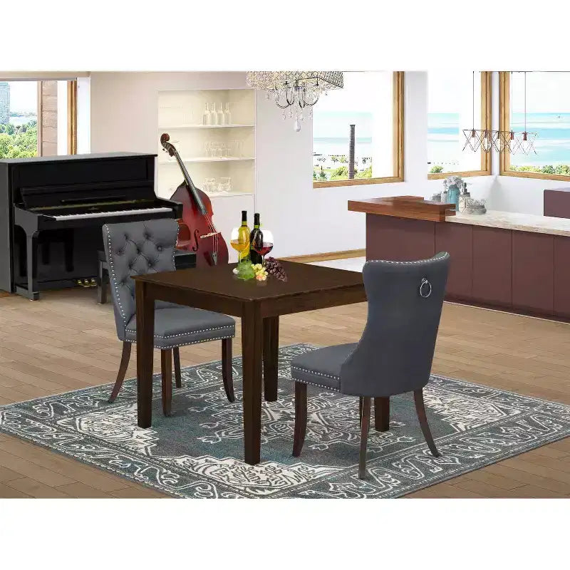 Ensemble de salle à manger 3 pièces avec table carrée en bois massif finition acajou