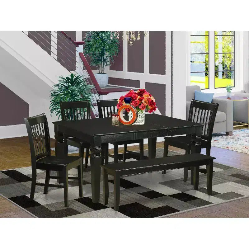 HomeStock Table à manger 6 pièces rectangulaire à plateau en bois massif finition noire avec 1 banc et 4 chaises
